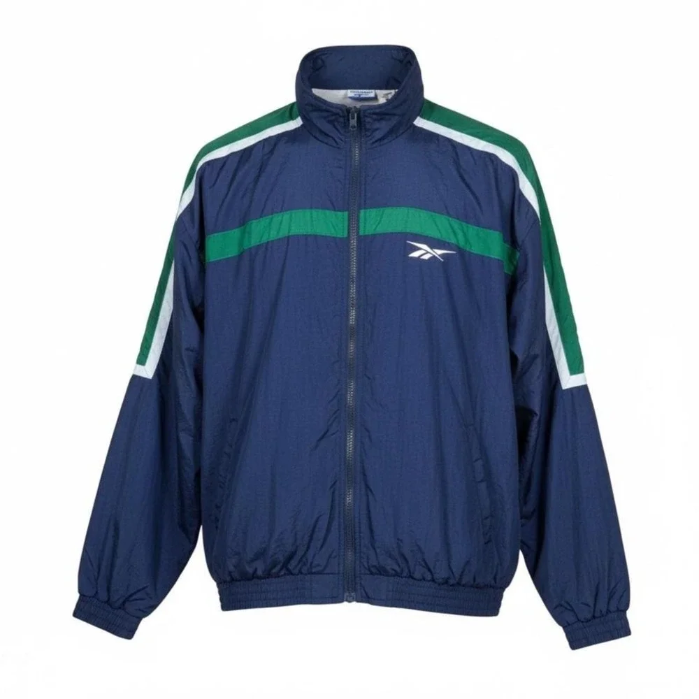 Reebok Windbreaker Jacket Mens XL Navy Green‎ 90s Y2K Track Zip